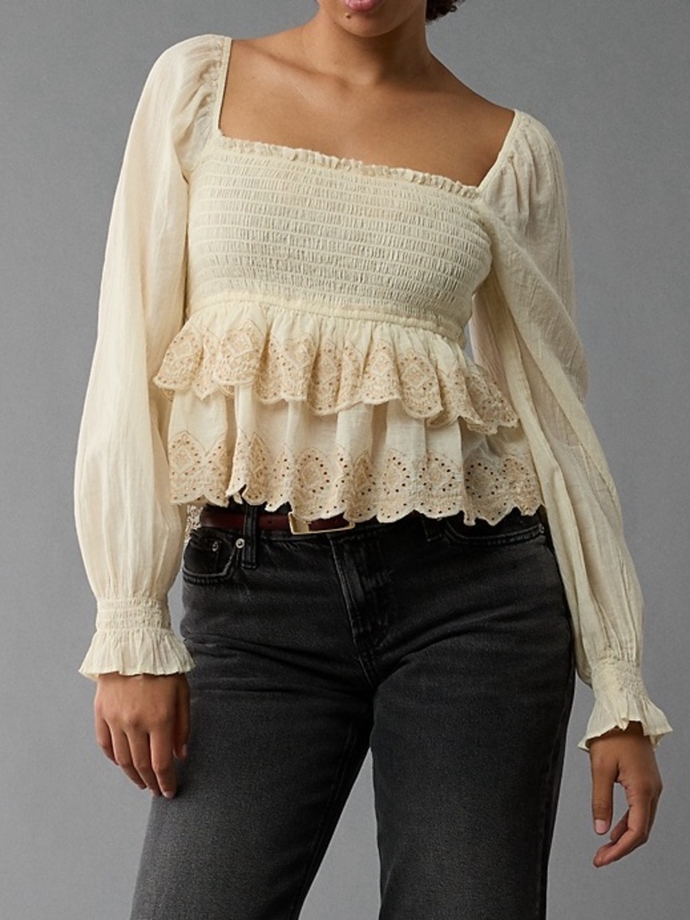 American Eagle Long-Sleeve Smocked Tiered Embroidered Top in Cream